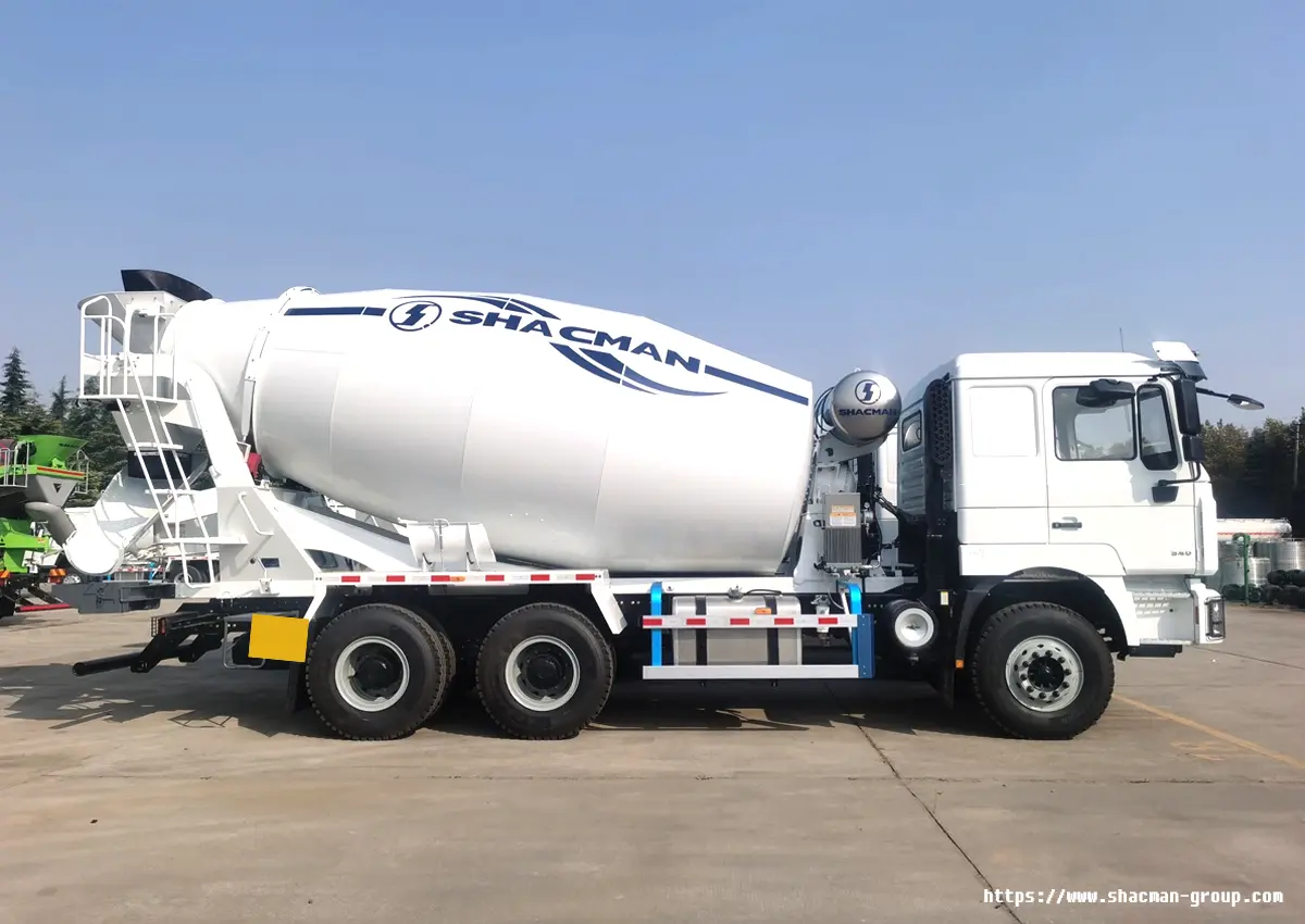 Three white SHACMAN F3000 6x4 concrete mixer trucks parked side by side, featuring Weichai engines and right-hand drive options, available for Uganda's construction industry.
