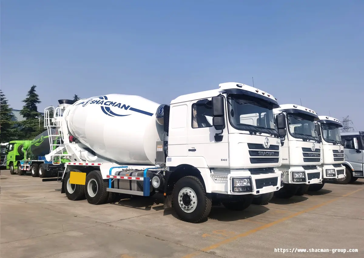 Three white SHACMAN F3000 concrete mixer trucks 6x4 for sale in Uganda