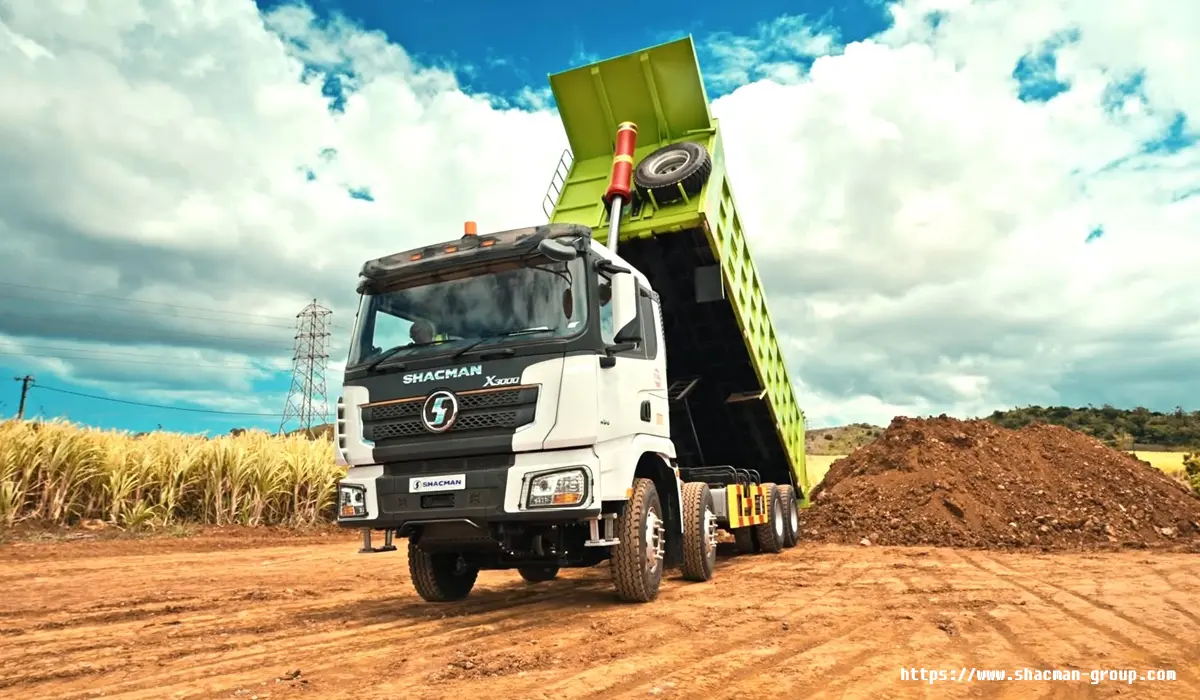 SHACMAN X3000 8x4 dump truck unloading with raised cargo box