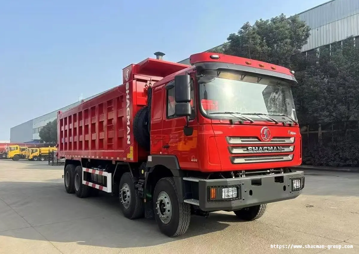 Red SHACMAN X3000 8x4 dump truck front side view for sale in Uganda