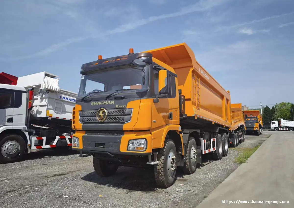 SHACMAN X3000 8x4 dump truck side view with orange dump body