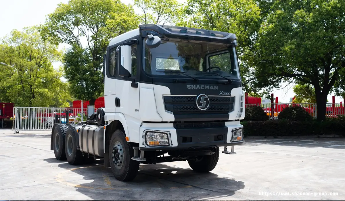 White SHACMAN X3000 6x4 tractor truck front side view for heavy duty logistics