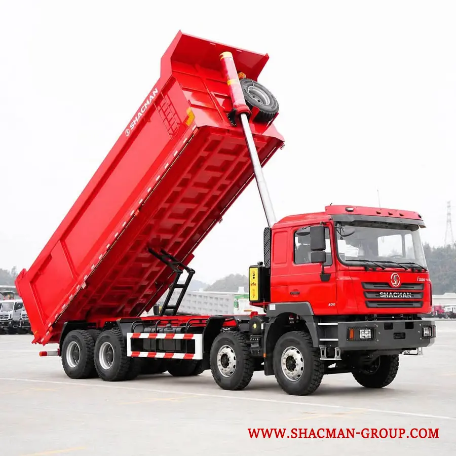 Red Shacman F3000 8x4 dump truck for sale in China, parked at an export yard.