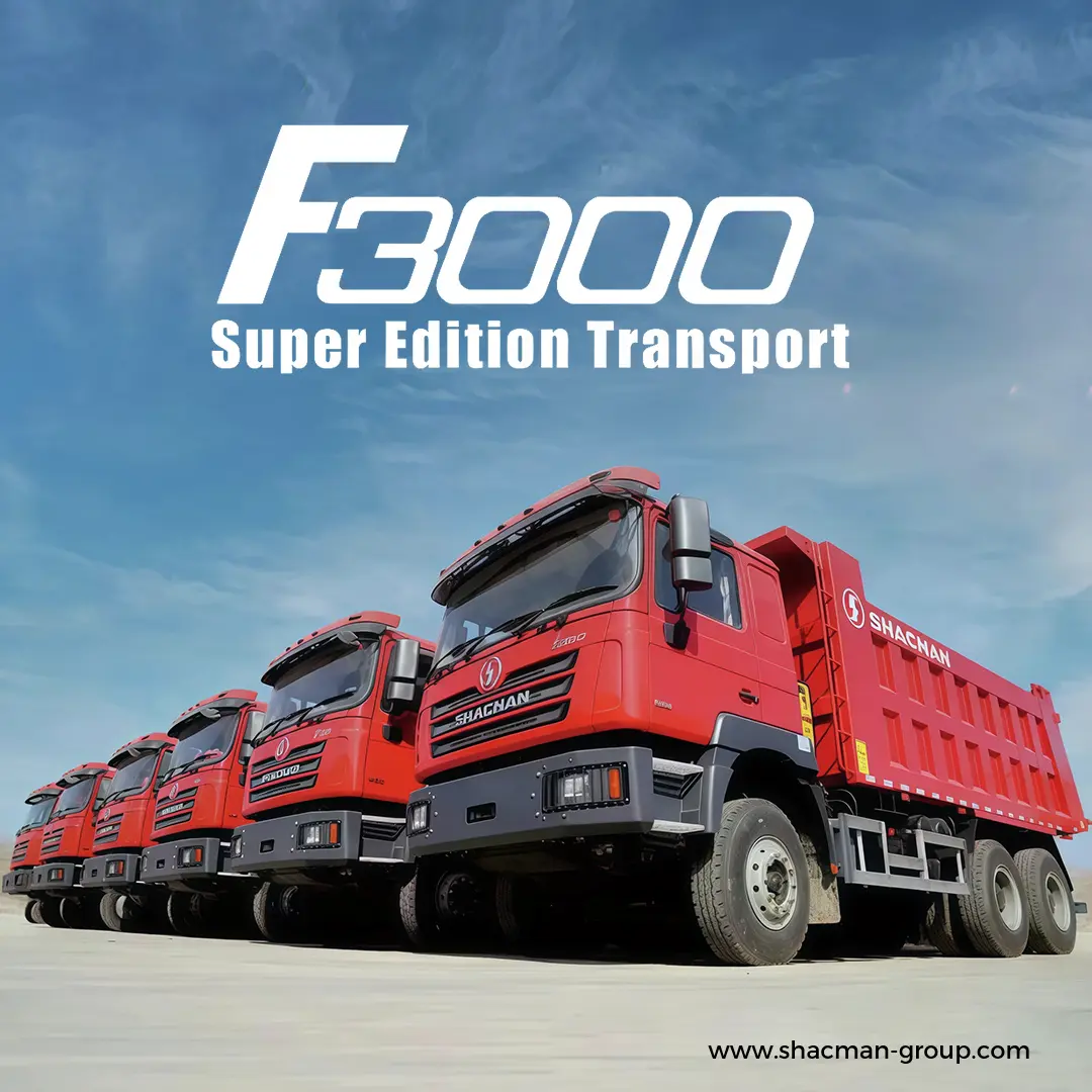 Fleet of red SHACMAN F3000 Super Edition tipper trucks parked in a row.