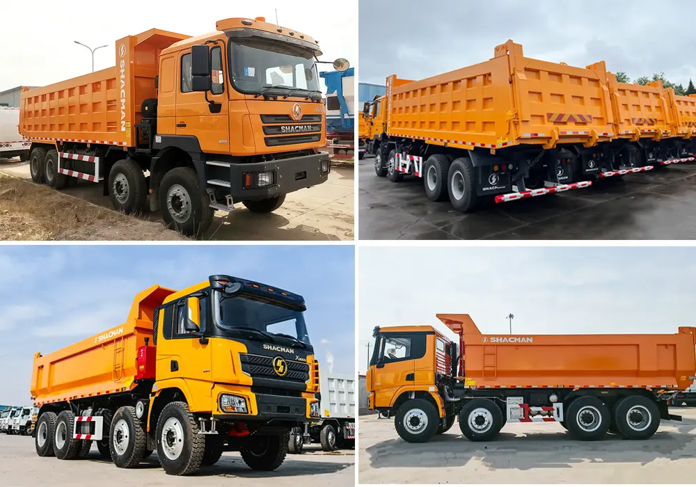 Collage of SHACMAN F3000 and X3000 tipper trucks in different configurations for the Ghanaian market.
