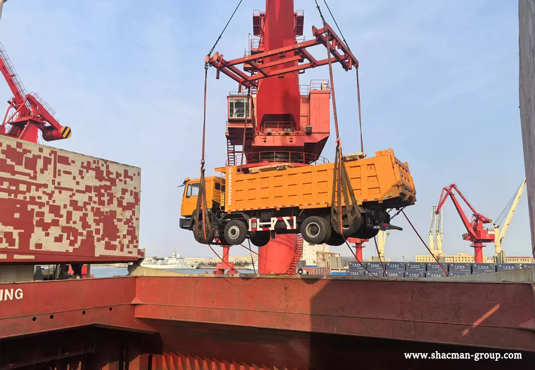 Shacman trucks loaded for export shipment from China