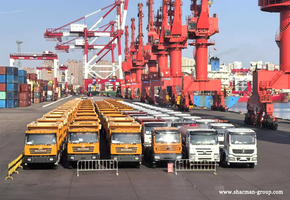 Shacman trucks loaded for export shipment from China