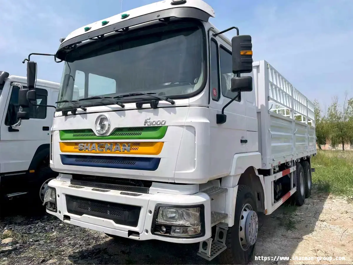 White SHACMAN F3000 stake truck (high-sided cargo truck) parked outdoors, front-left view.